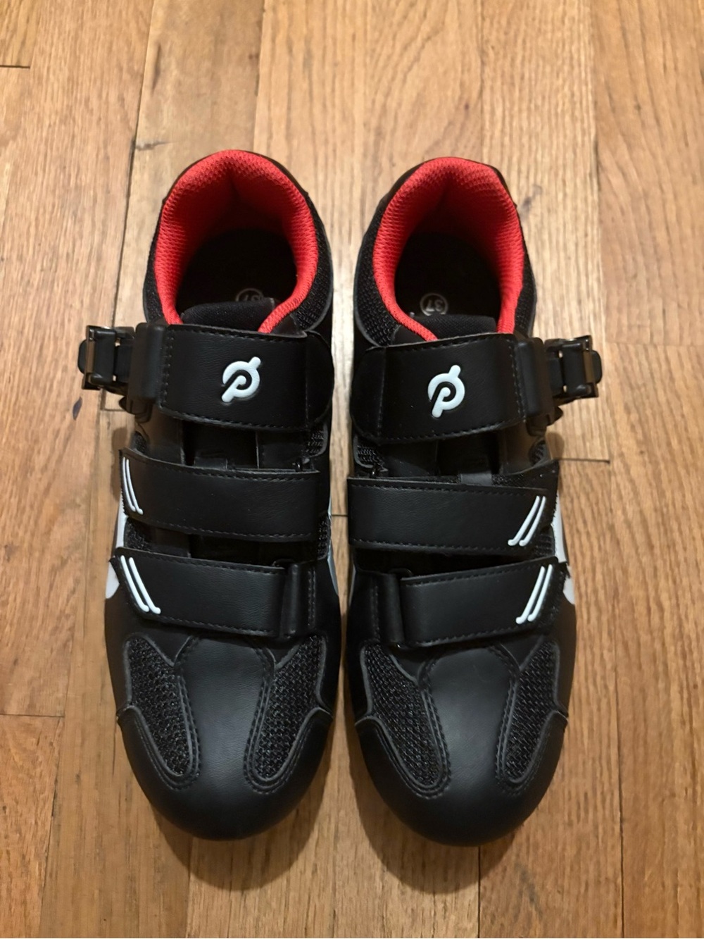 Peloton Black Cycling Shoes with Red Lining and White Logos